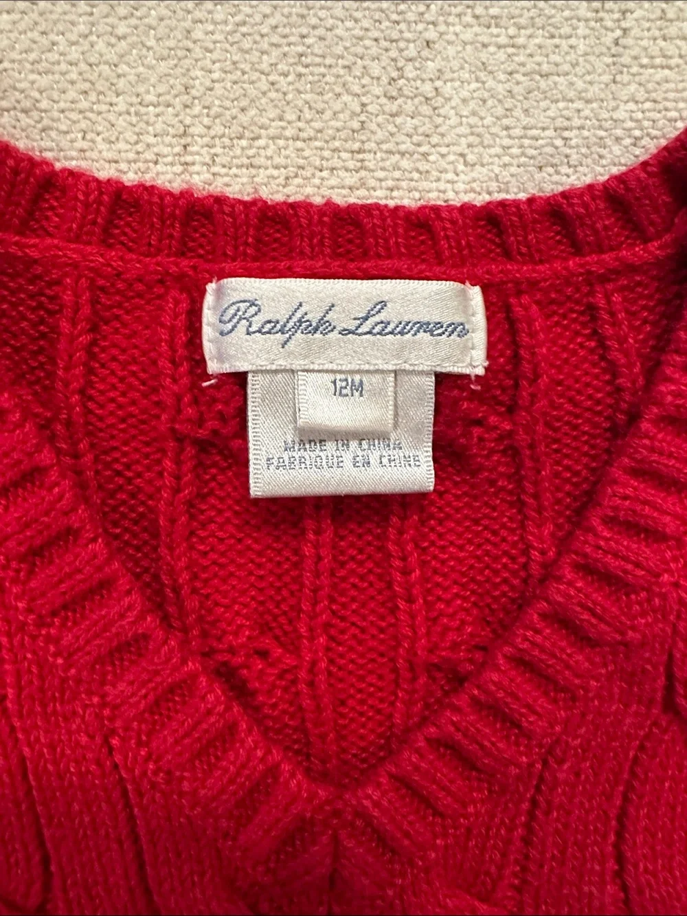 12 month Ralph Lauren Red Cable-Knit V-Neck Sweater Vest with Blue Pony